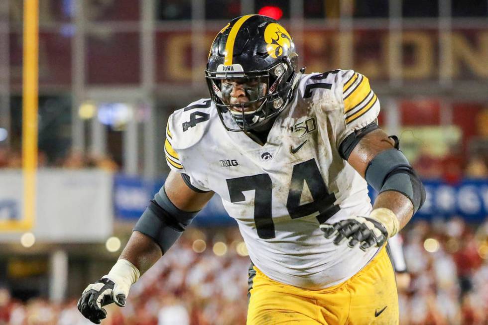 In this Sept. 14, 2019, file photo, Iowa offensive lineman Tristan Wirfs plays against Iowa St ...