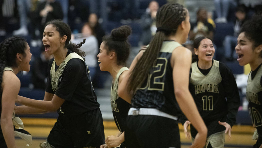 Spring Valley girls basketball celebrates a win against Desert Oasis on Tuesday, Jan. 7, 2020, ...