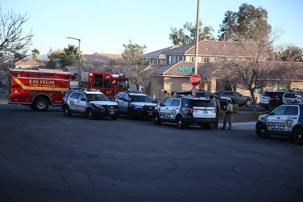 The scene of an investigation by Las Vegas police at the 11000 block of Piedmont Valley Avenue ...