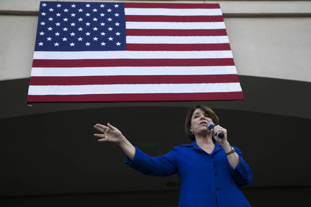 Democratic presidential candidate Amy Klobuchar speaks during a campaign rally at her Las Vegas ...