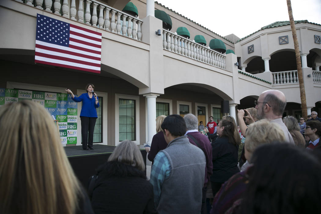 Democratic presidential candidate Amy Klobuchar speaks during a campaign rally at her Las Vegas ...