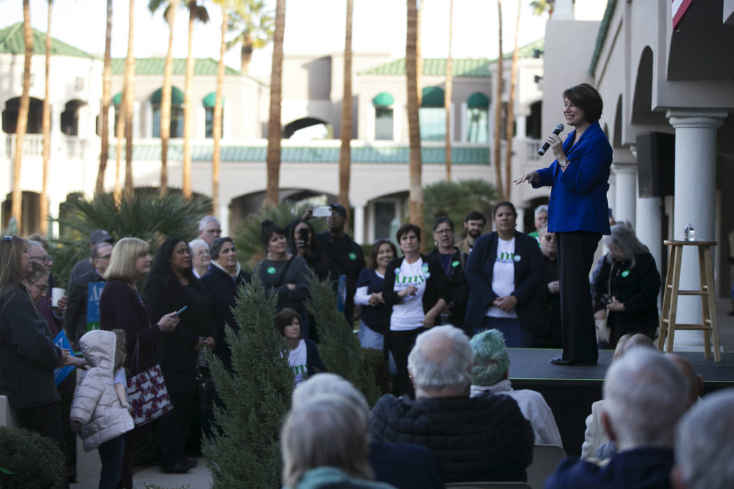 Democratic presidential candidate Amy Klobuchar speaks during a campaign rally at her Las Vegas ...