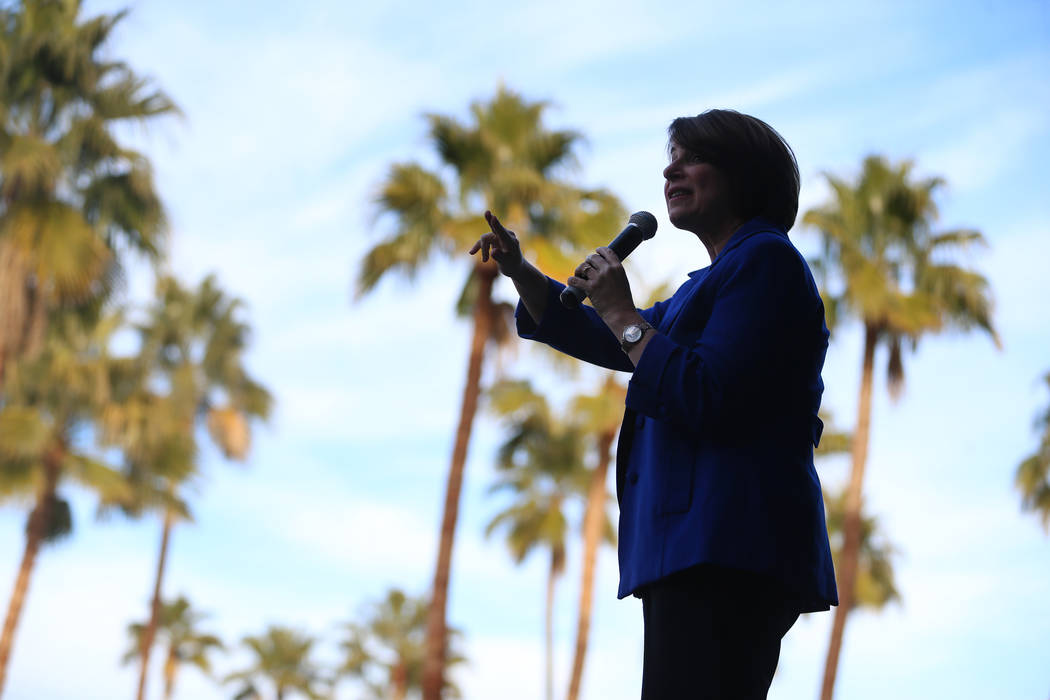 Democratic presidential candidate Amy Klobuchar speaks during a campaign rally at her Las Vegas ...