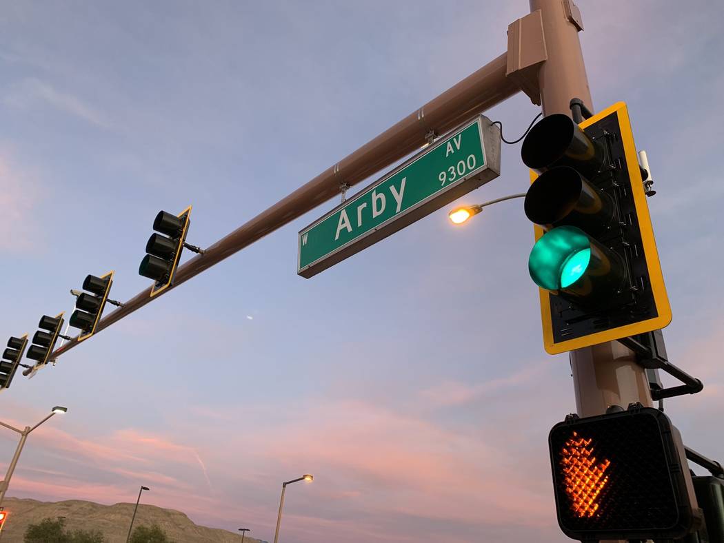 A traffic signal operates at Arby Avenue and Fort Apache Road on Friday, Jan. 3, 2020. (Twitter ...