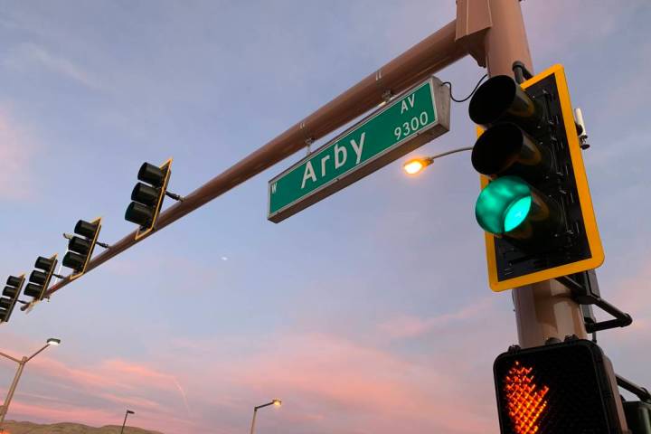 A traffic signal operates at Arby Avenue and Fort Apache Road on Friday, Jan. 3, 2020. (Twitter ...