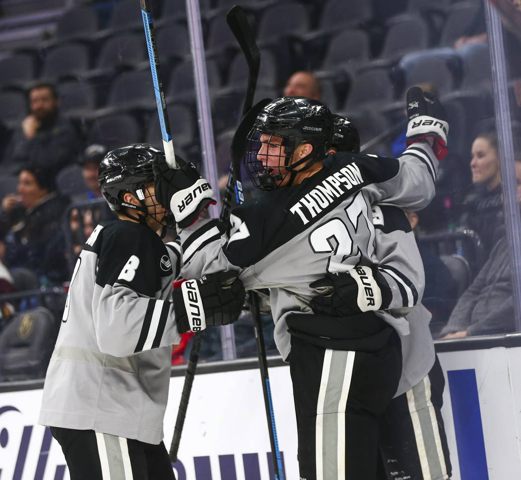 Providence Friars' Tyce Thompson (27) celebrates his goal against Cornell during the first peri ...