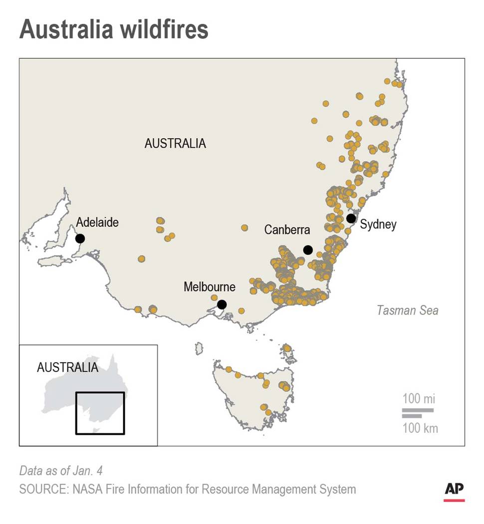 Map shows wildfires in southeastern Australia; 2c x 4 inches; 96.3 mm x 101 mm;