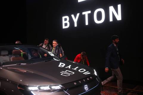 A Byton fully electric M-Byte SUV at a CES event for media before the tech mega-conference at M ...