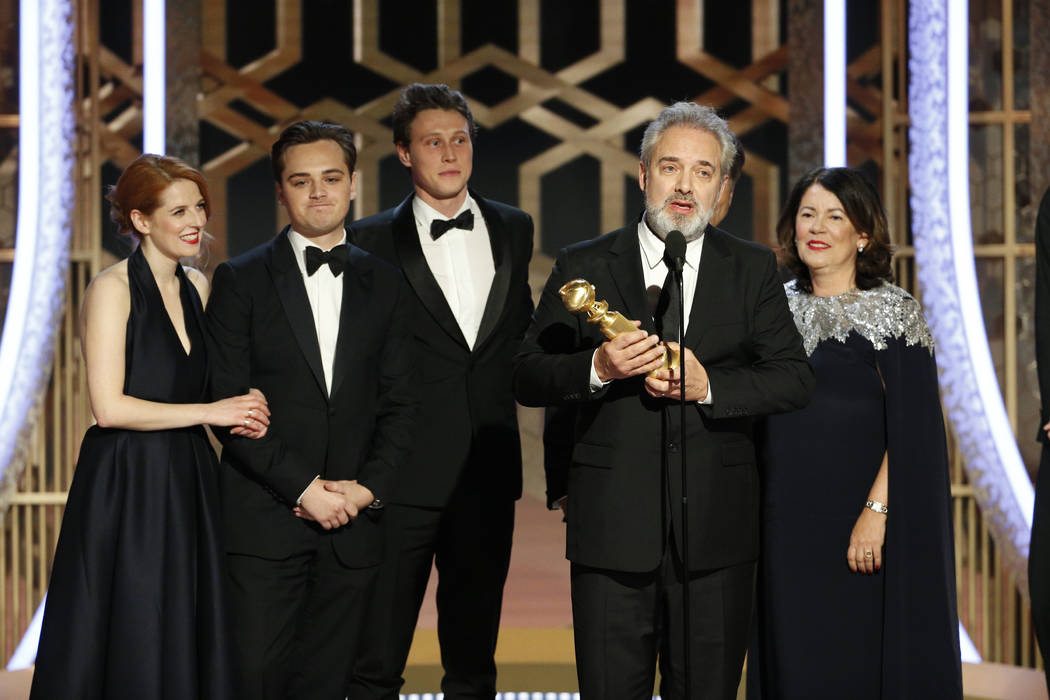This image released by NBC shows filmmaker Sam Mendes accepting the award for best motion pictu ...