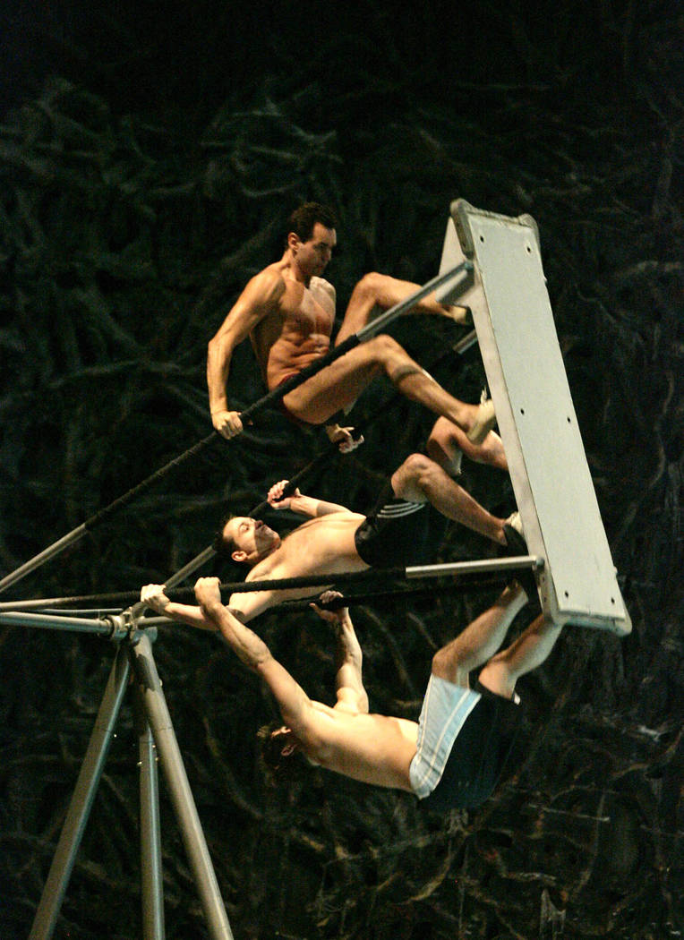Cirque Cirque due Soleil work on the Russian Swing during a rehearsal for Cirque du Soleil's "O ...