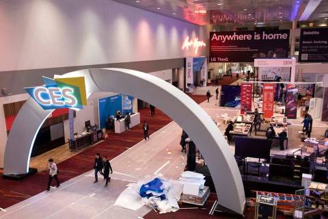 Set up for CES continues at the Las Vegas Convention Center on Sunday, Jan. 5, 2020, in Las Veg ...