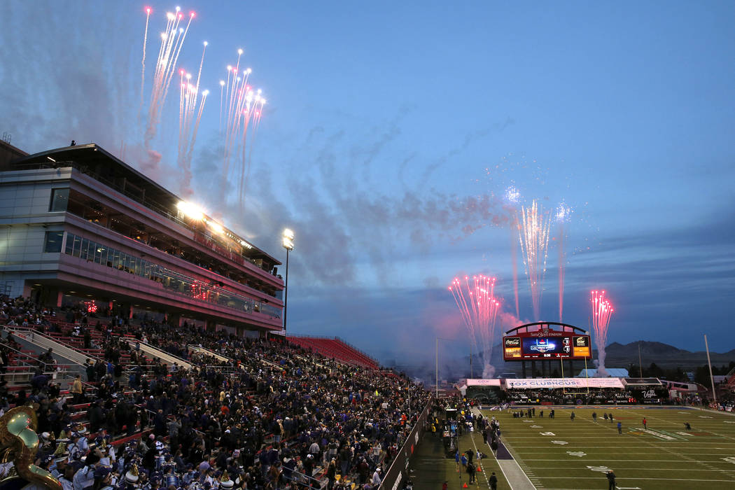 Pregame fireworks explode before the Las Vegas Bowl NCAA college football game between Boise St ...
