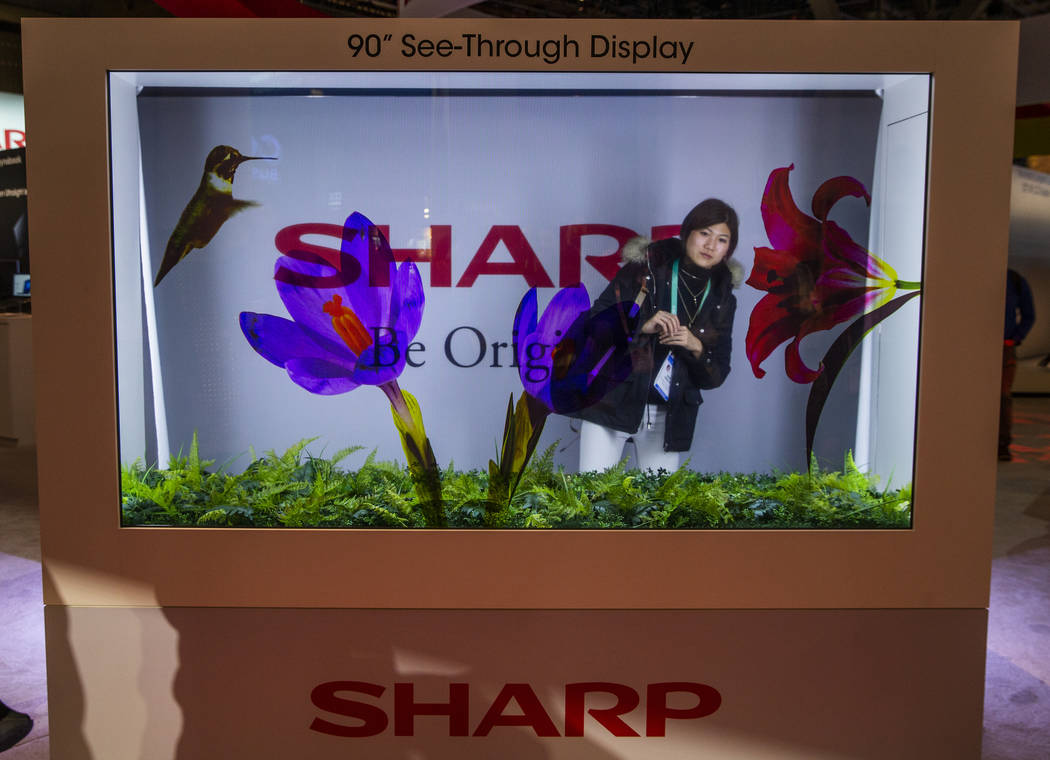 Attendee Moe Ikeuchi checks out the new 90" See-Though Video Display by Sharp during CES D ...