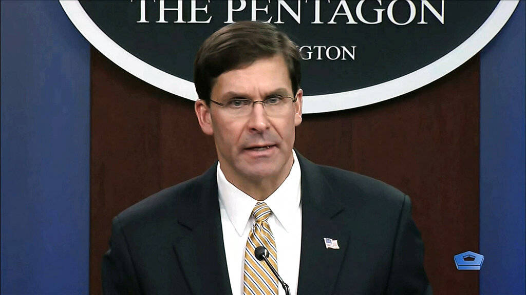 Secretary of Defense Mark Esper talks to the press on Iran and Iraq, Tuesday, Jan. 7, 2020, at ...