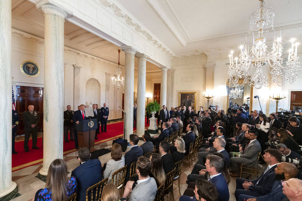 President Donald Trump addresses the nation from the White House on the ballistic missile strik ...