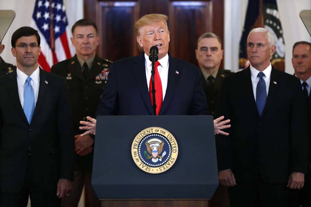 President Donald Trump addresses the nation from the White House on the ballistic missile strik ...