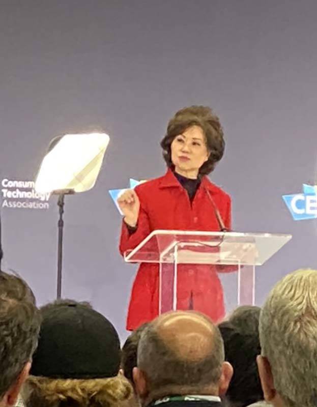 U.S. Secretary of Transportation Elaine Chao speaks at CES 2020 on Wednesday, Jan. 8, 2020. (Mi ...