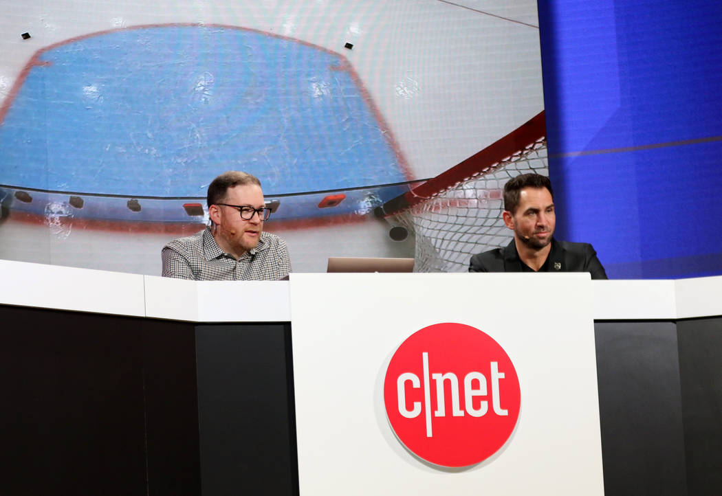 CNET host Jeff Bakalar, left, and Vegas Golden Knights TV analyst Shane Hnidy give a presentati ...
