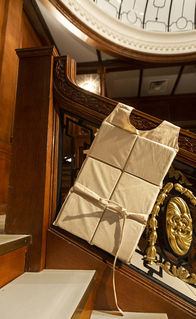 An authentic life vest recovered from the Titanic on Thursday, Jan. 9, 2020, at Titanic: The Ar ...