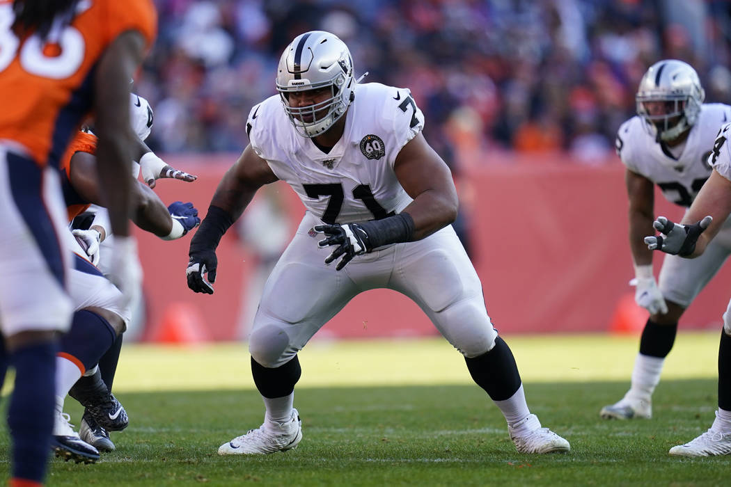 Oakland Raiders offensive tackle Denzelle Good during the first half of an NFL football game ag ...