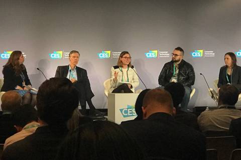 Five panelists discuss whether big-tech companies should be broken up at CES. From left are mod ...