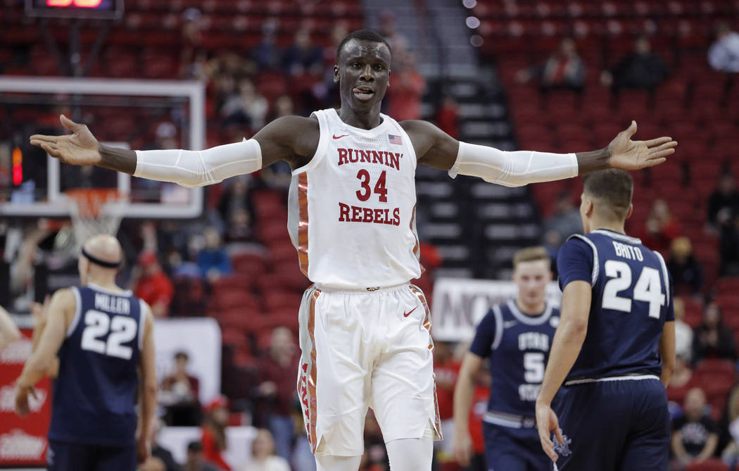 UNLV's Cheikh Mbacke Diong (34) celebrates after a play against Utah State during the second ha ...