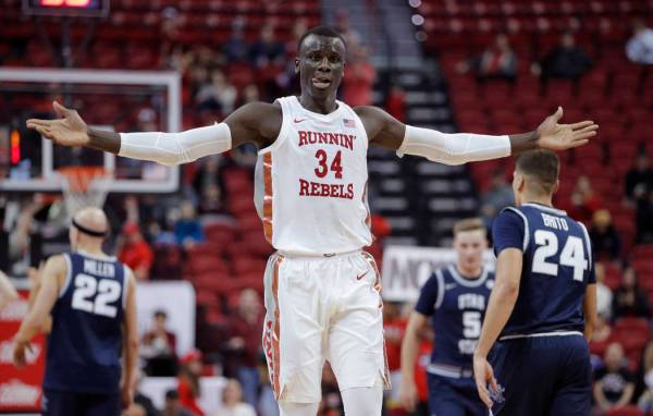 UNLV's Cheikh Mbacke Diong (34) celebrates after a play against Utah State during the second ha ...