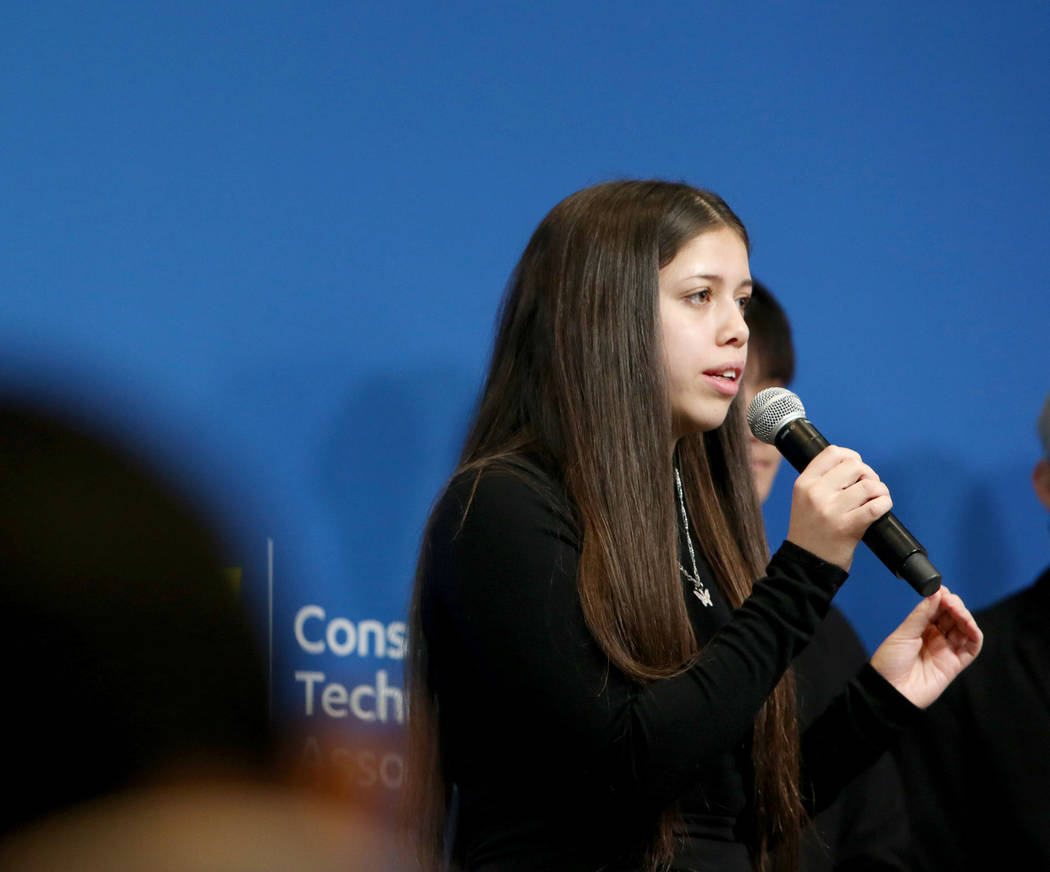 Local Las Vegas students Gabrielle Floratos, 18, pitches her teams app idea during the Student ...