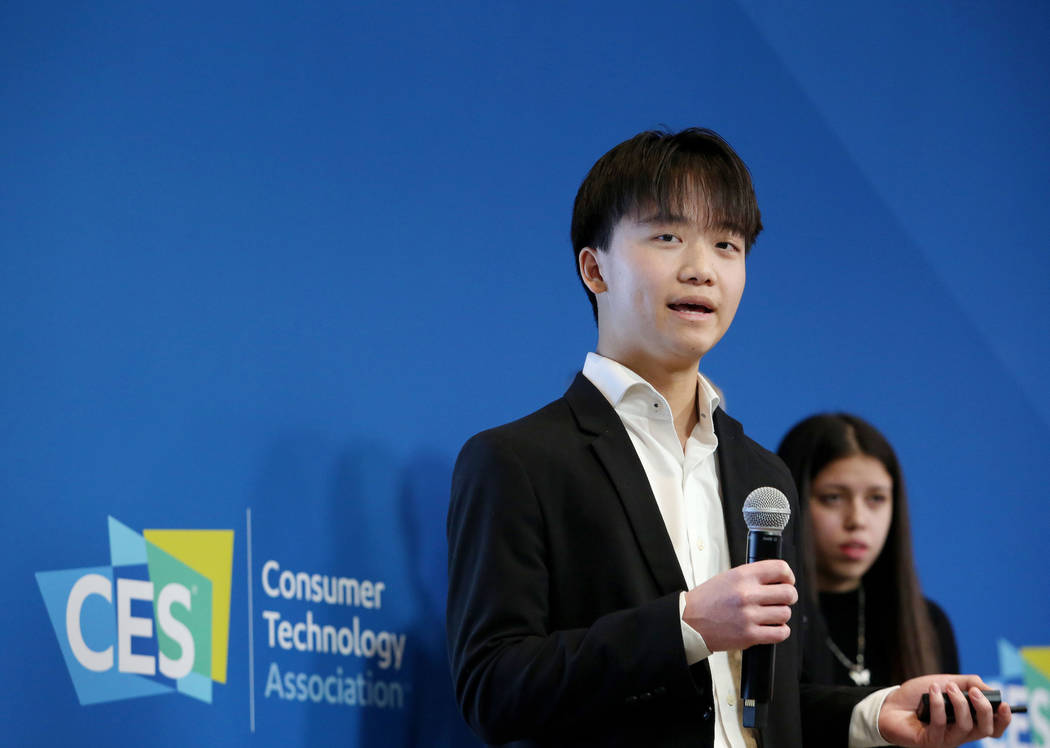 West Career Technical Academy junior James Wang, 16, pitches his teams app idea during the Stud ...
