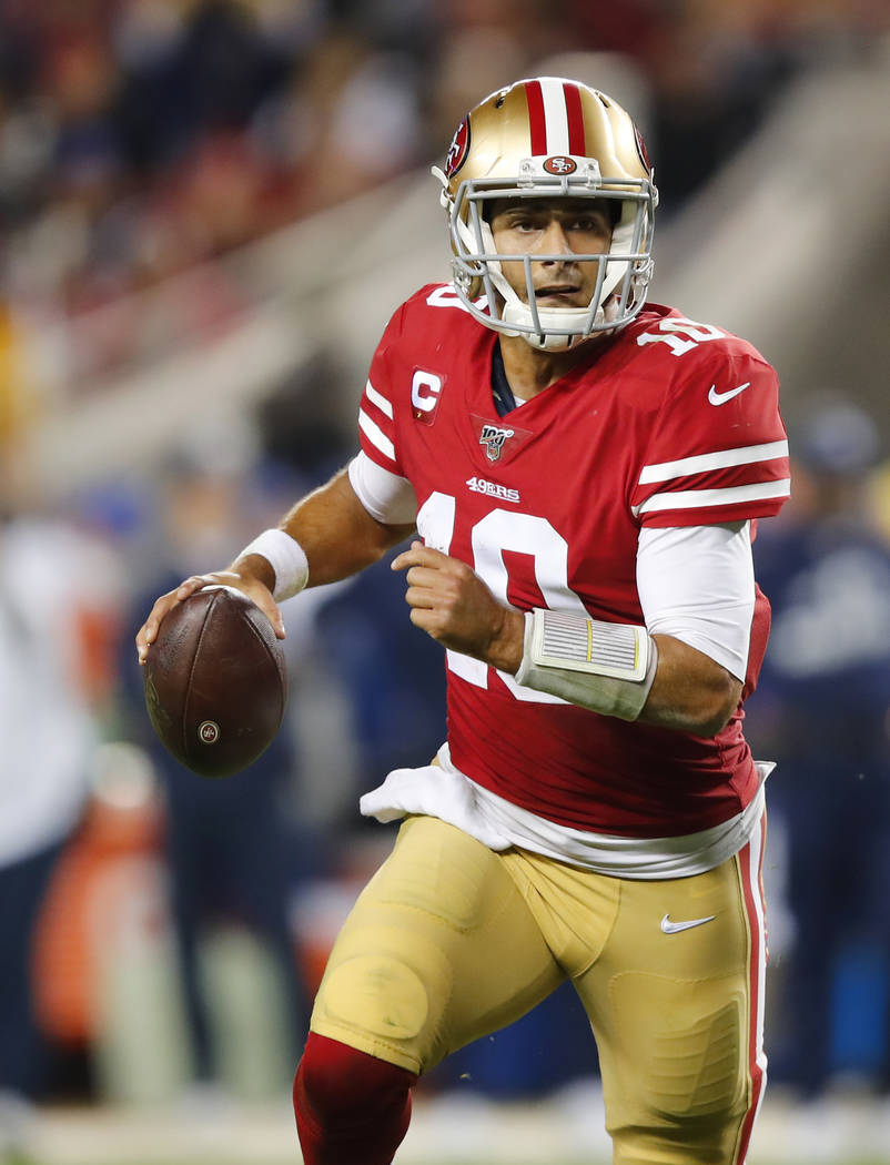 San Francisco 49ers quarterback Jimmy Garoppolo (10) against the Los Angeles Rams during the se ...