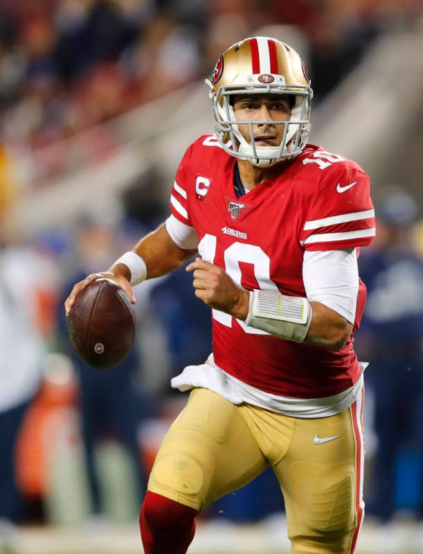 San Francisco 49ers quarterback Jimmy Garoppolo (10) against the Los Angeles Rams during the se ...