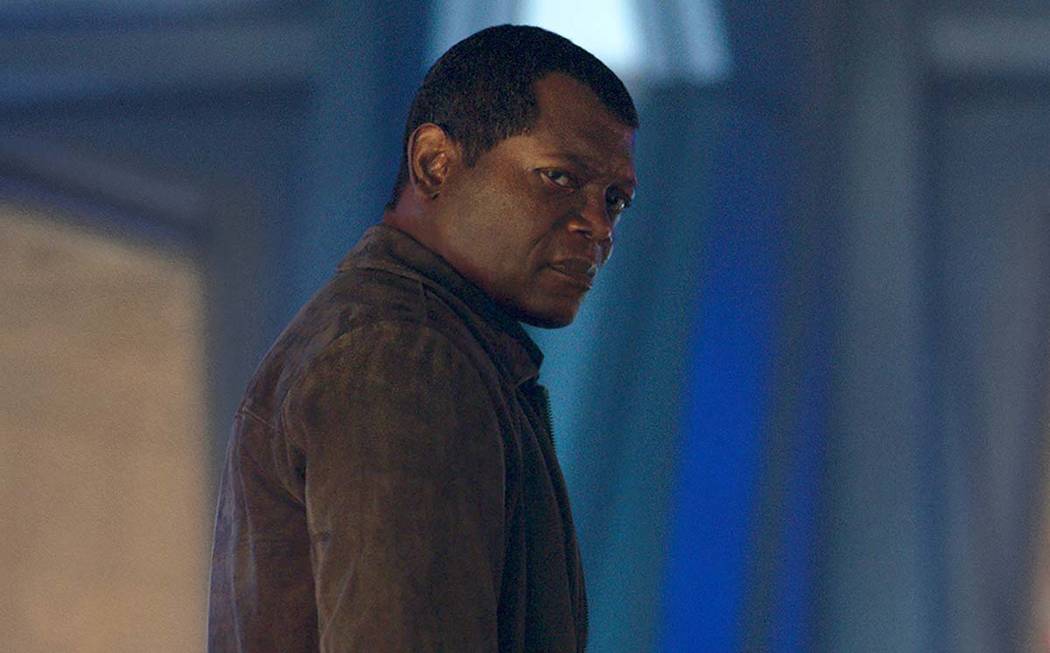 This image released by Disney-Marvel shows Samuel L. Jackson as a younger Nick Fury in a scene ...