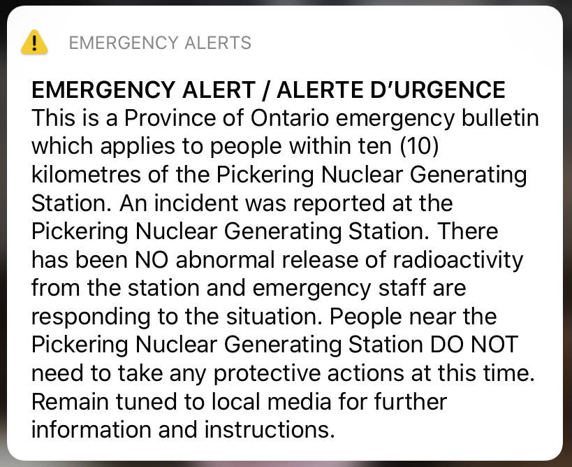 An emergency alert issued by the Canadian province of Ontario reporting an unspecified “ ...