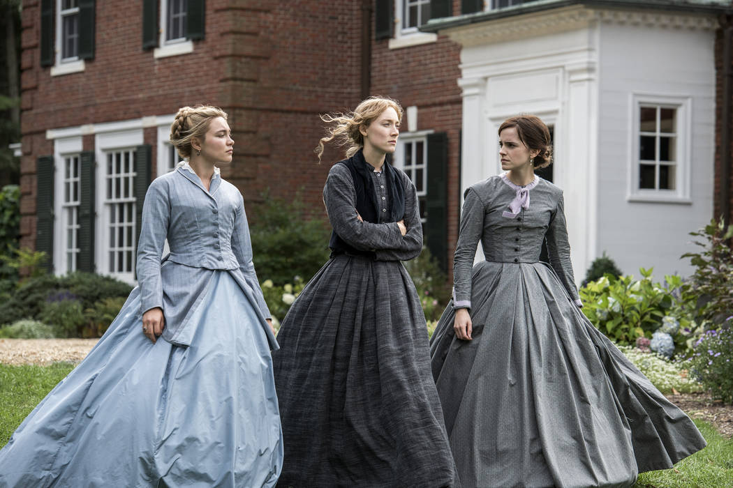 This image released by Sony Pictures shows, from left, Florence Pugh, Saoirse Ronan and Emma Wa ...