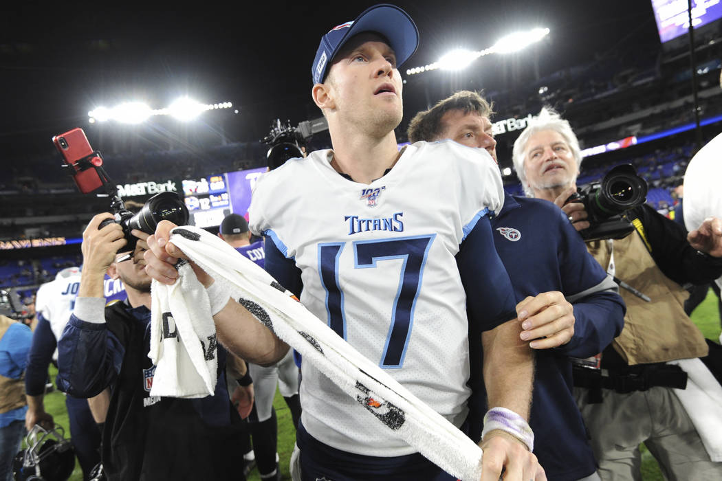 Tennessee Titans quarterback Ryan Tannehill (17) leaves the field after an NFL divisional playo ...
