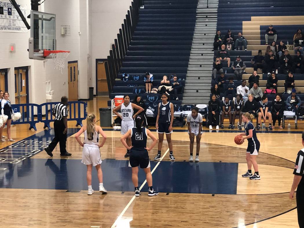 Centennial junior guard Addison Melone shoots a free throw during a 69-16 victory over Shadow R ...