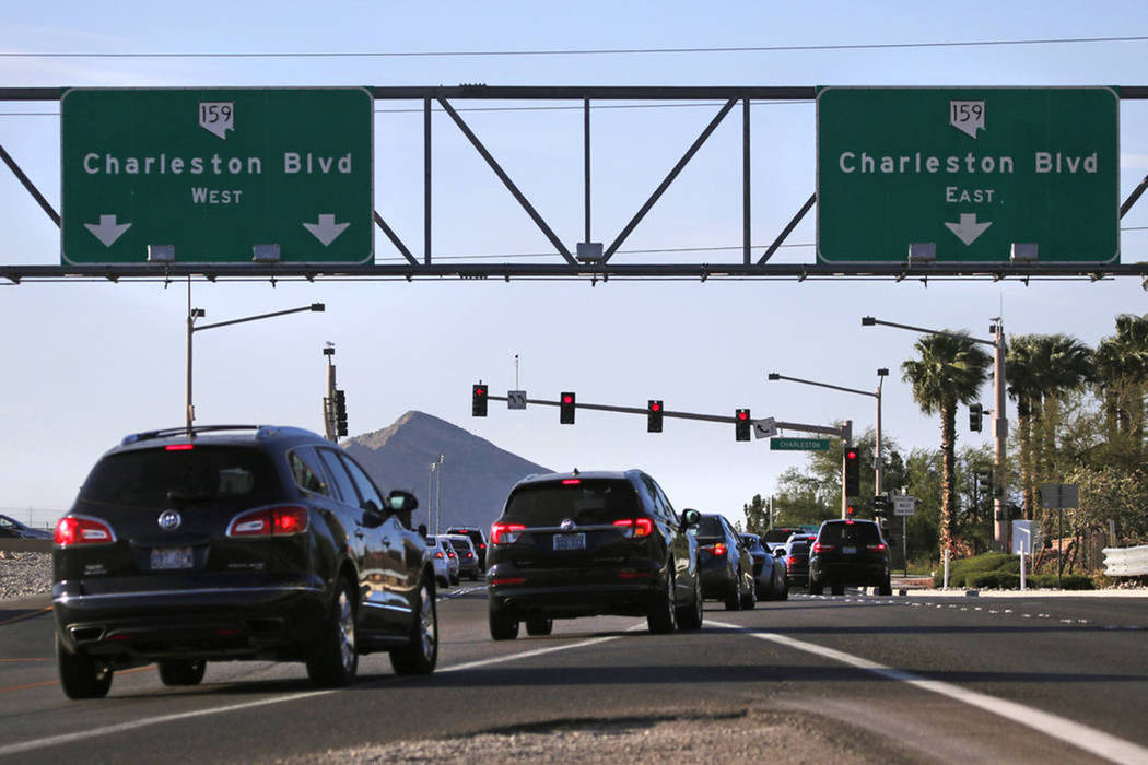 The intersection at Charleston Boulevard and 215 Beltway northbound in Las Vegas on Tuesday, Ma ...