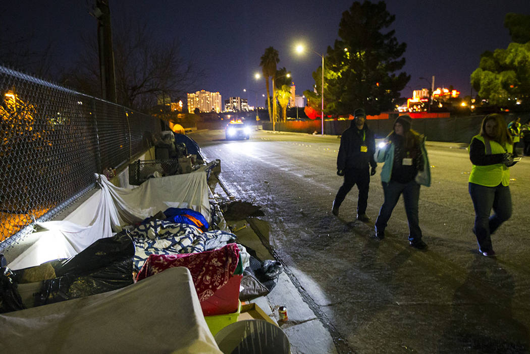 Volunteers conduct the annual homeless count in Las Vegas in January 2020. (Chase Stevens/Las V ...