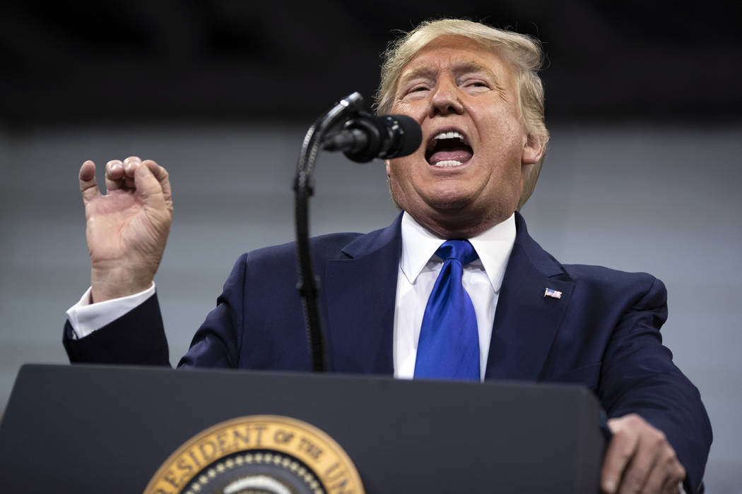 President Donald Trump speaks during a campaign rally at UW-Milwaukee Panther Arena, Tuesday, J ...