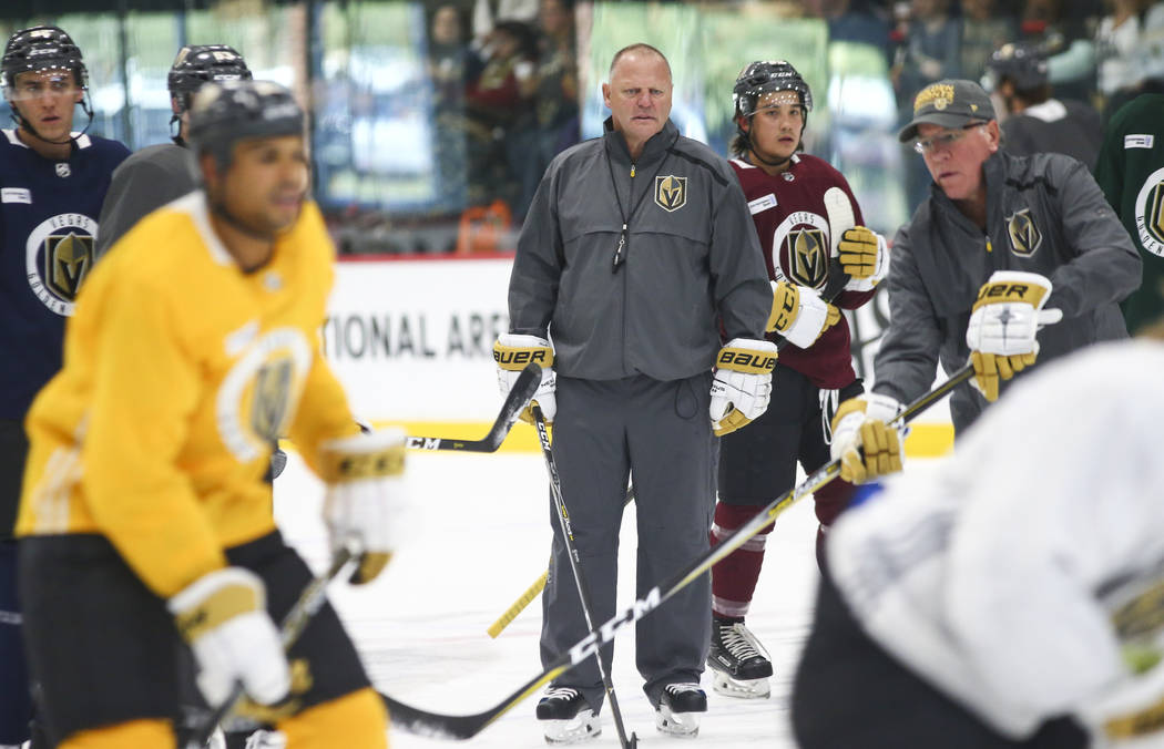 Golden Knights head coach Gerard Gallant looks on during practice at City National Arena in Las ...