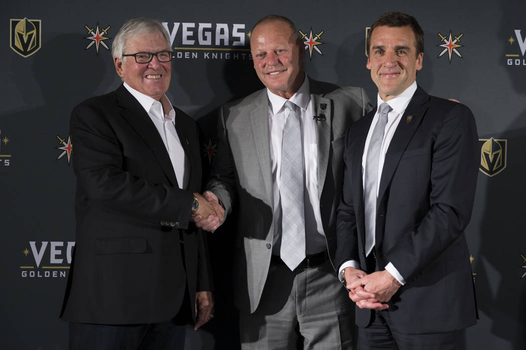 Vegas Golden Knights owner Bill Foley, from left, team head coach Gerard Gallant and general te ...