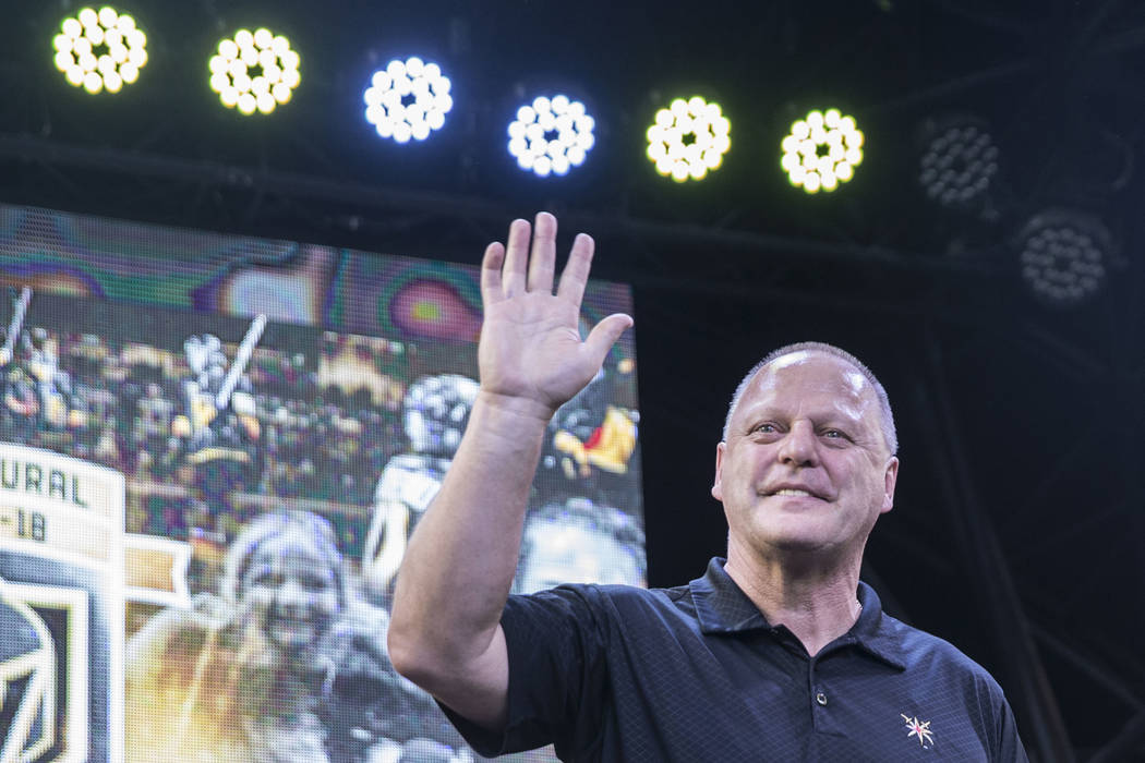 Golden Knights coach Gerard Gallant waves at fans during “Stick Salute to Vegas and Our ...