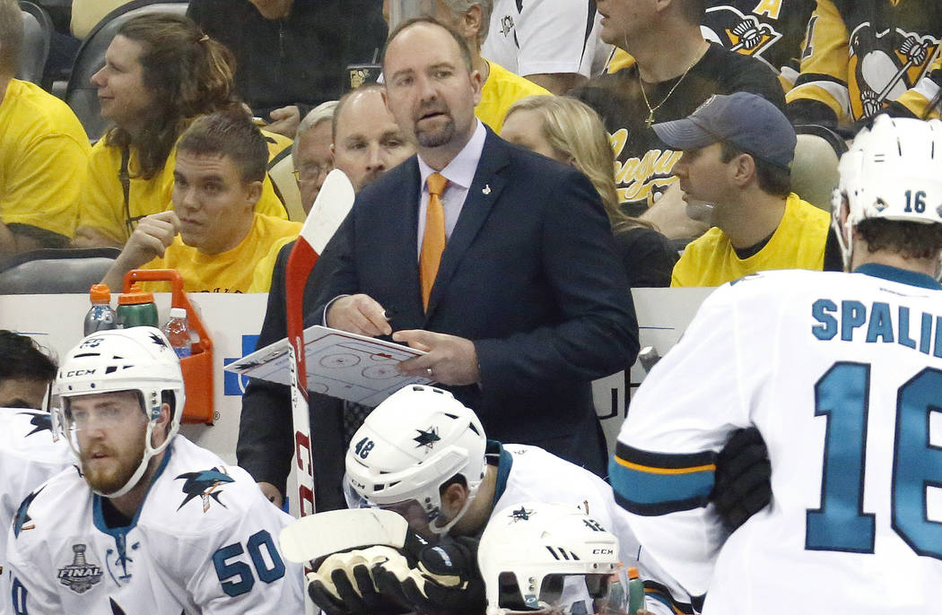 FILE - In this Monday, May 30, 2016 file photo, San Jose Sharks head coach Peter DeBoer watches ...