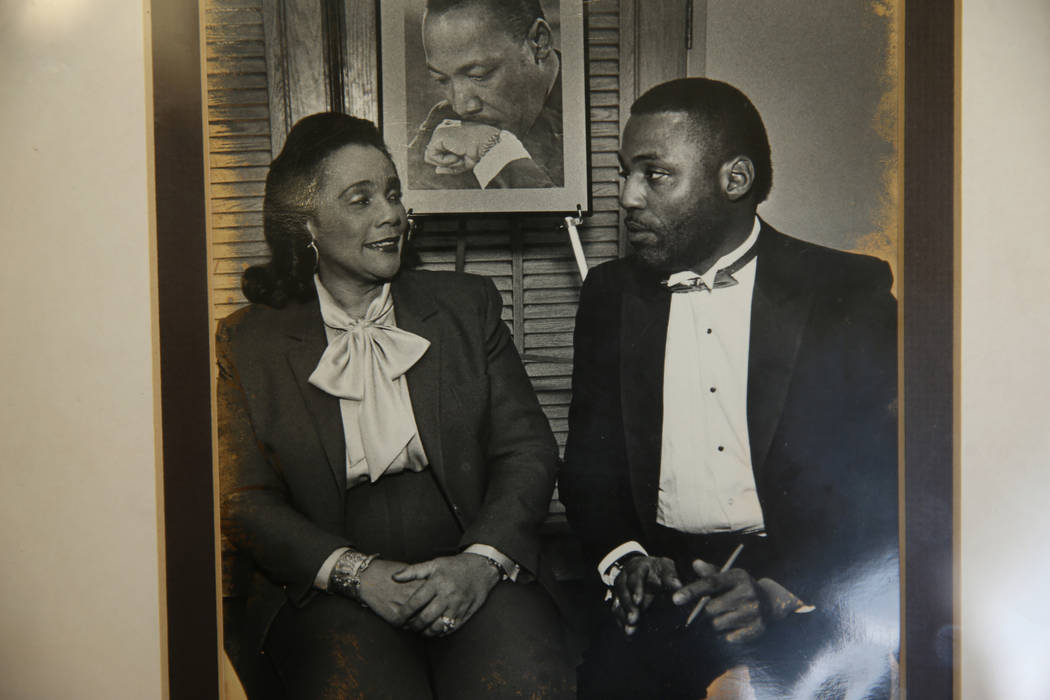 The widow of slain civil rights leader Dr. Martin Luther King Junior Coretta Scott King, left, ...