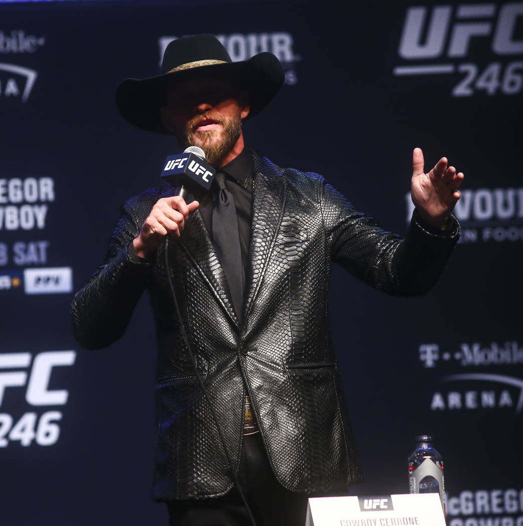 Donald ÒCowboyÓ Cerrone talks about Conor McGregor, not pictured, during a press conf ...