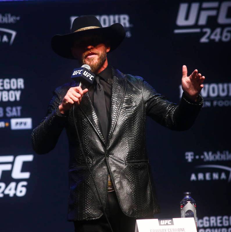 Donald ÒCowboyÓ Cerrone talks about Conor McGregor, not pictured, during a press conf ...