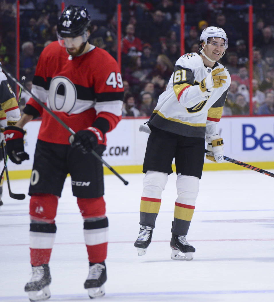 Vegas Golden Knights right wing Mark Stone (61) celebrates a goal against the Ottawa Senators d ...