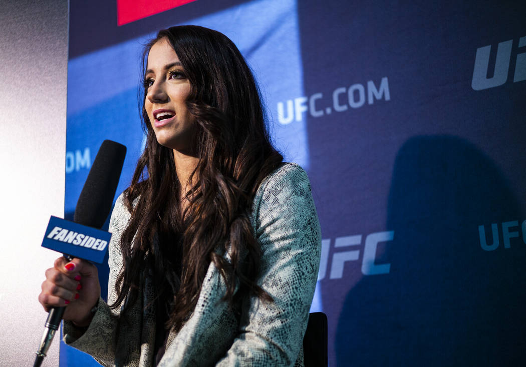 Maycee Barber talks ahead of her bout against Roxanne Modafferi, not pictured, during media day ...