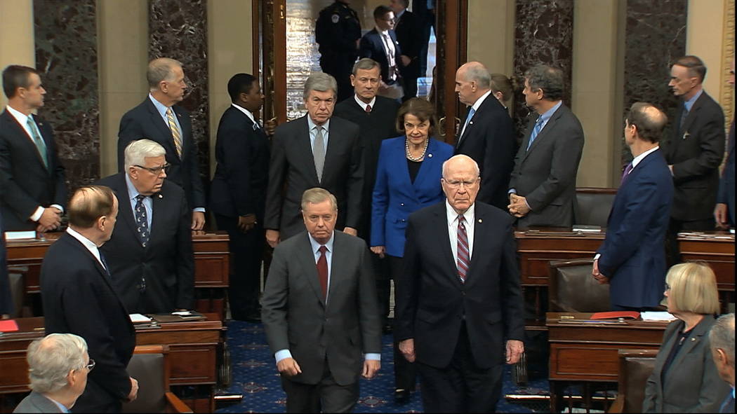 In this image from video, Sen. Lindsey Graham, R-S.C., left, Sen. Patrick Leahy, D-Vt., Sen. Di ...