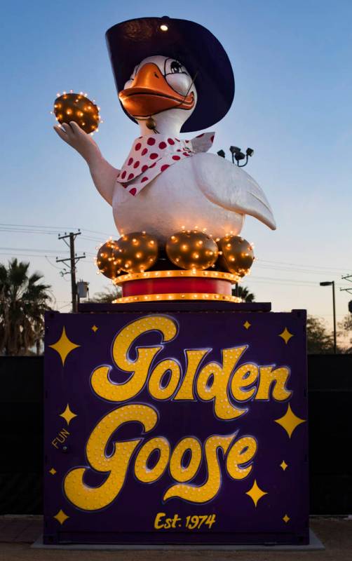 The Golden Goose, a restored YESCO marquee on Fremont and 10th Street in Downtown Las Vegas in ...